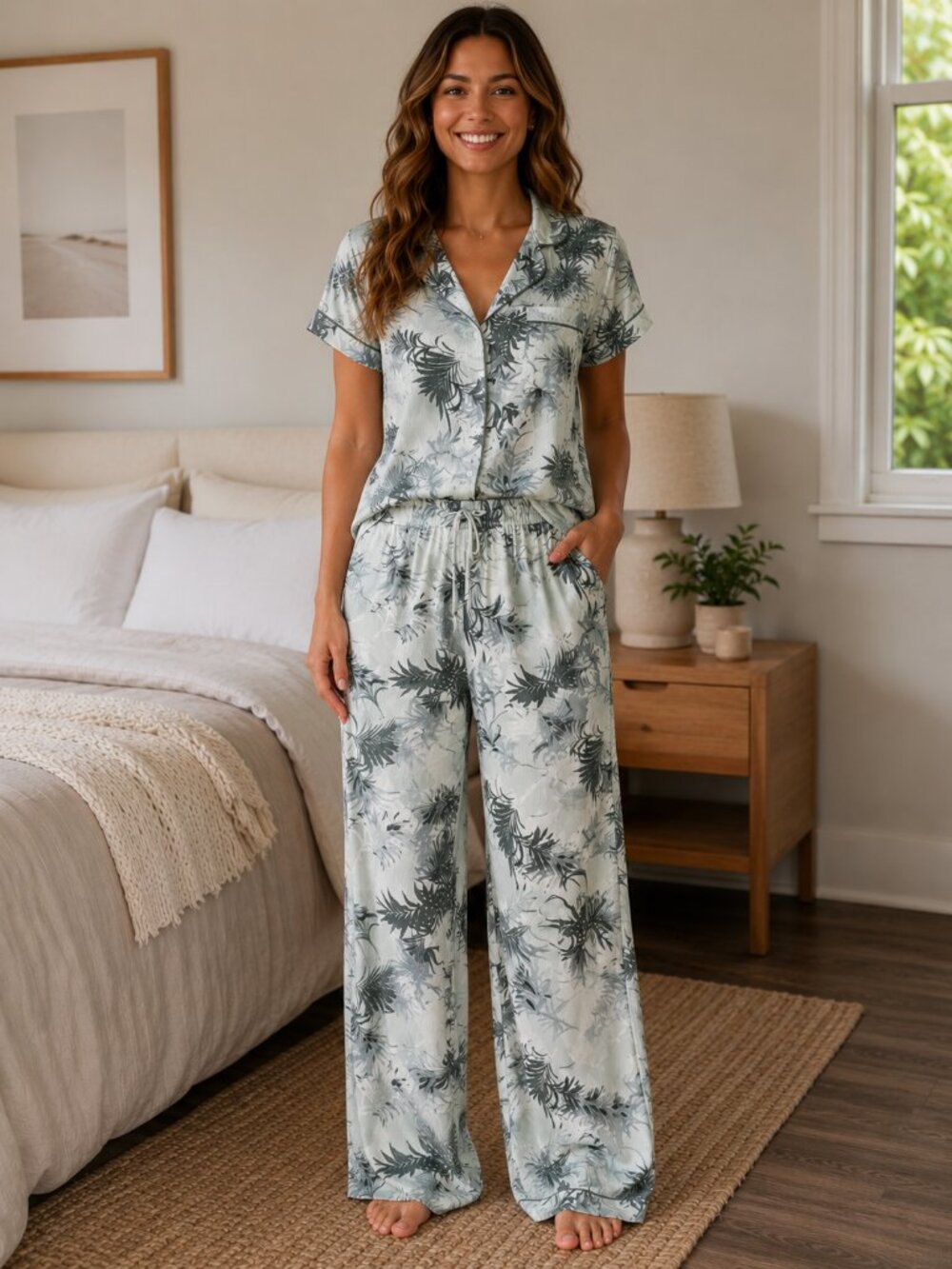 Nicole Miller New York Palm Print Ribbed Pajama Set – Women's Small